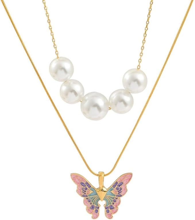 foaume 2 件装彩色蝴蝶珍珠项链女士分层项链毛衣链芭比公主项链